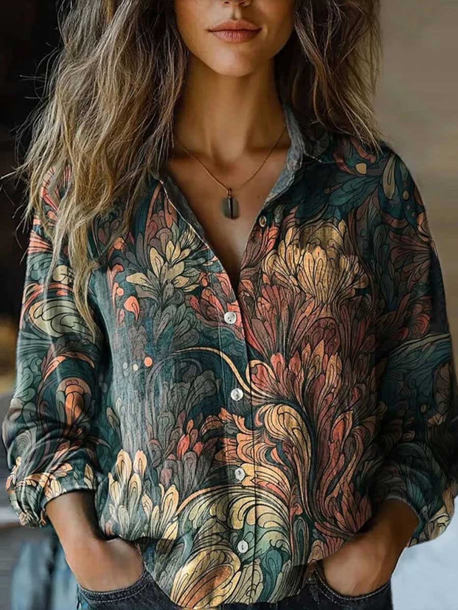 Alethea – Teal & Gold Artistic Print Lapel Button-Down Shirt