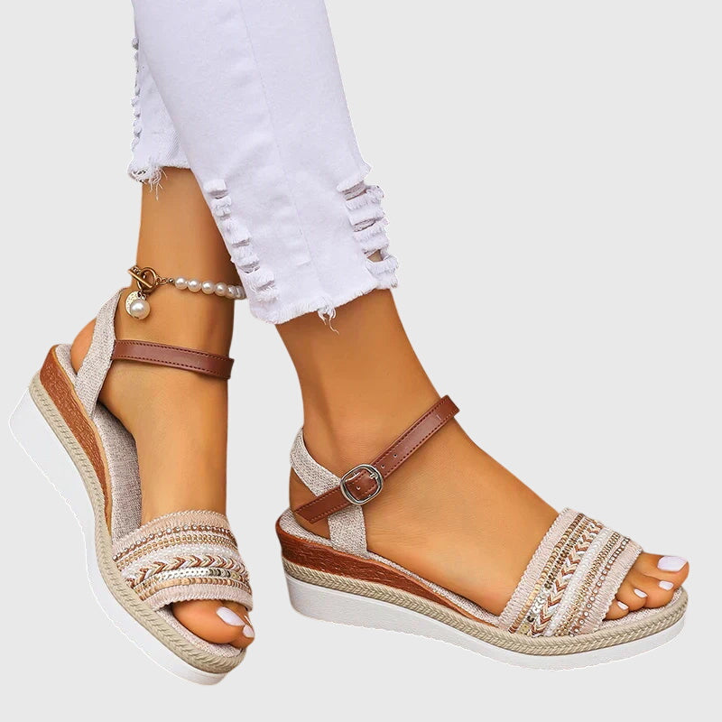 Esmae embellished espadrille wedge sandals worn, side view