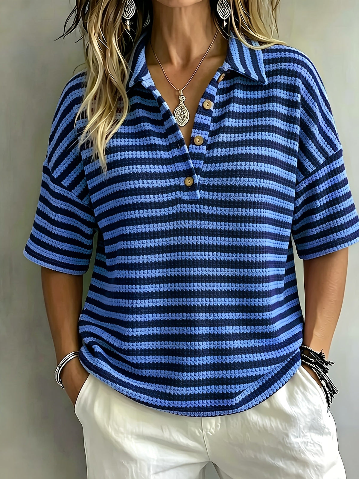 Lynette Women's Striped Waffle-Knit Polo Top in Navy