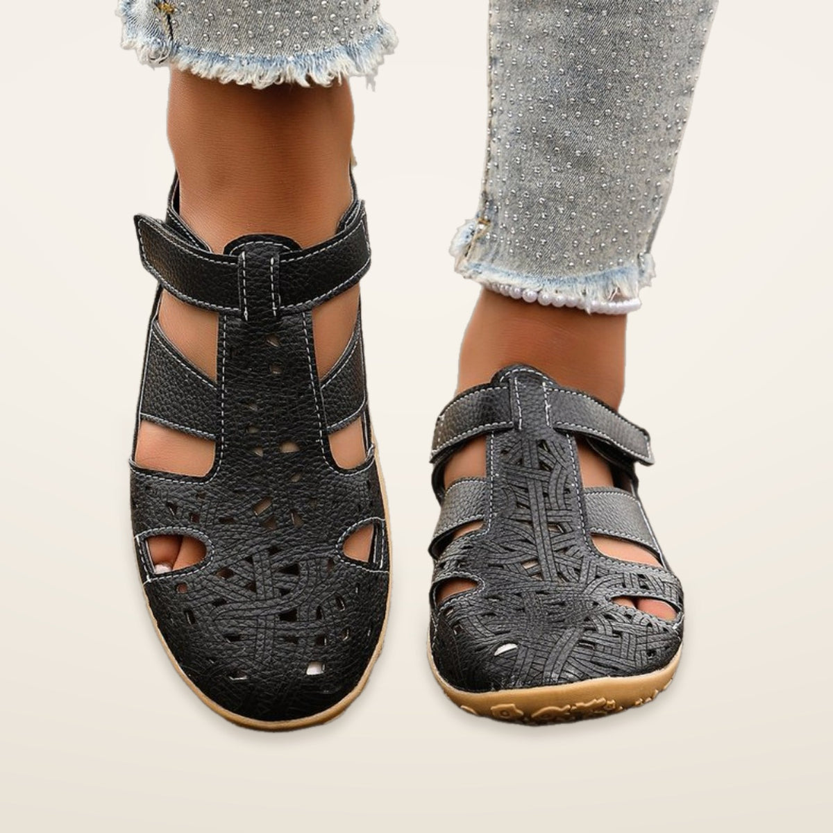 Ginette – Black Orthopaedic Closed-Toe Perforated Flat Shoes