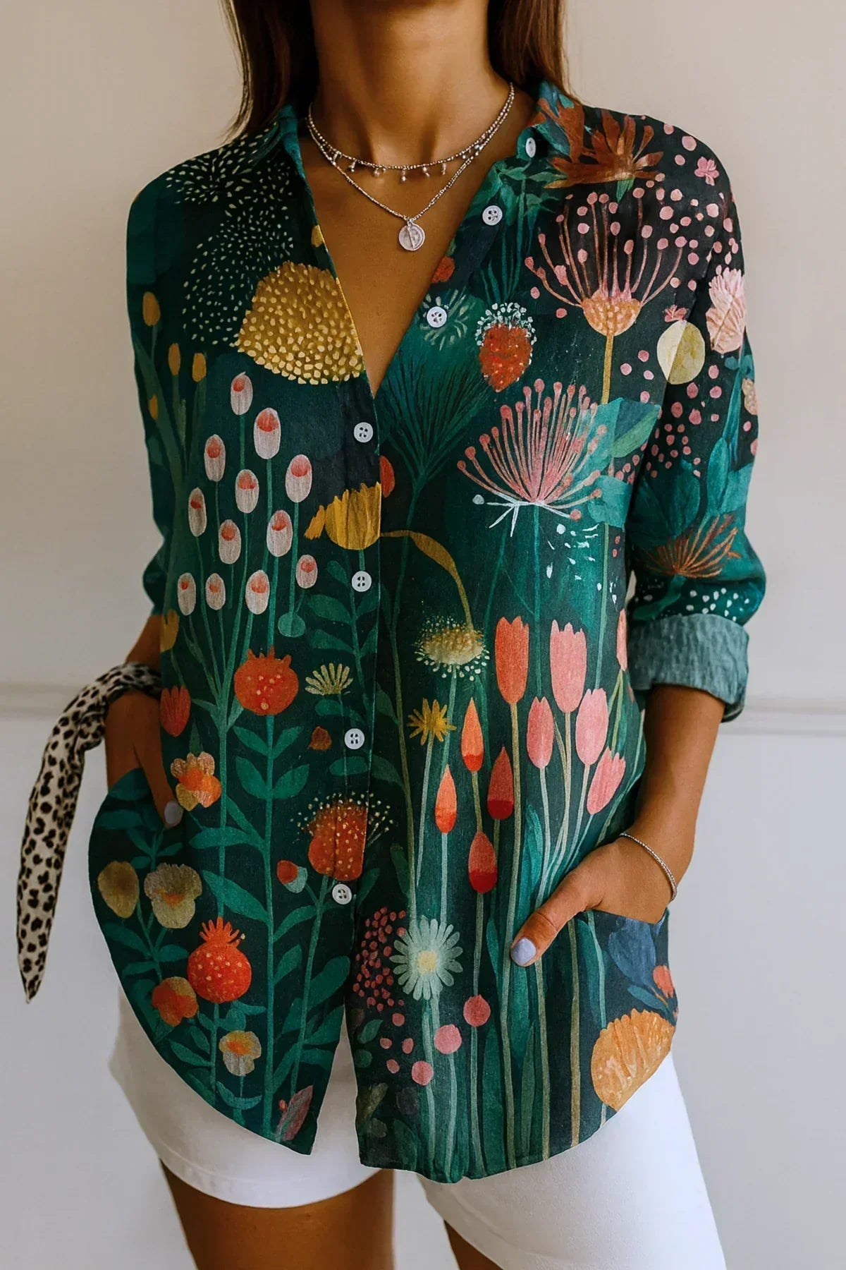 Kirra painterly floral button-down shirt in Green