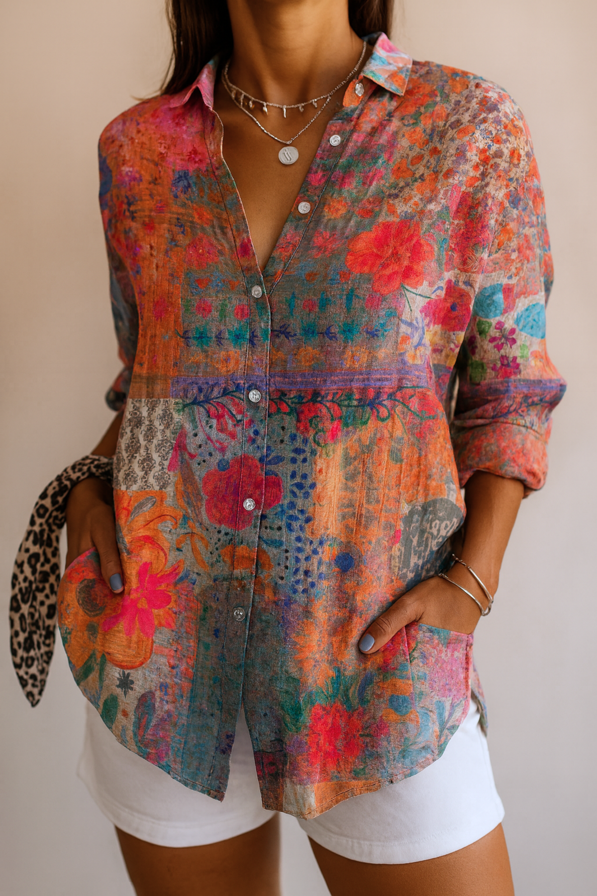 Kirra painterly floral button-down shirt in Orange