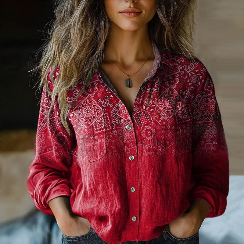 Charmaine – Red Bohemian Patchwork Print Button-Up Blouse