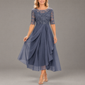 Annelise | Women's Slate Blue Lace Bodice Draped Midi Dress