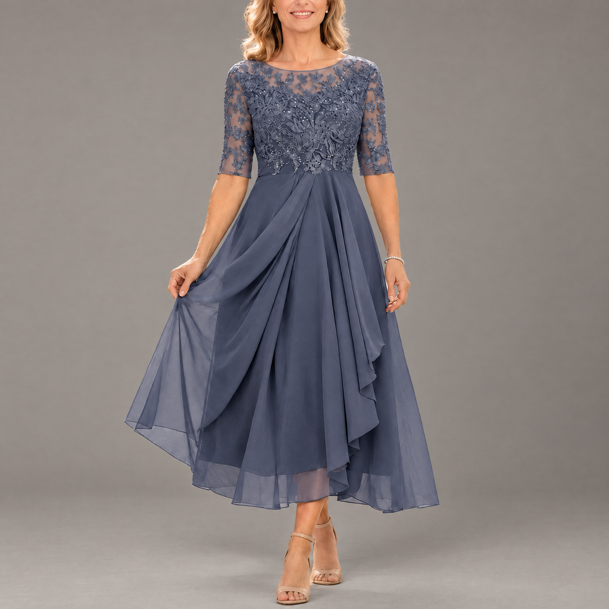 Annelise – Slate Blue Lace Bodice Draped Midi Dress
