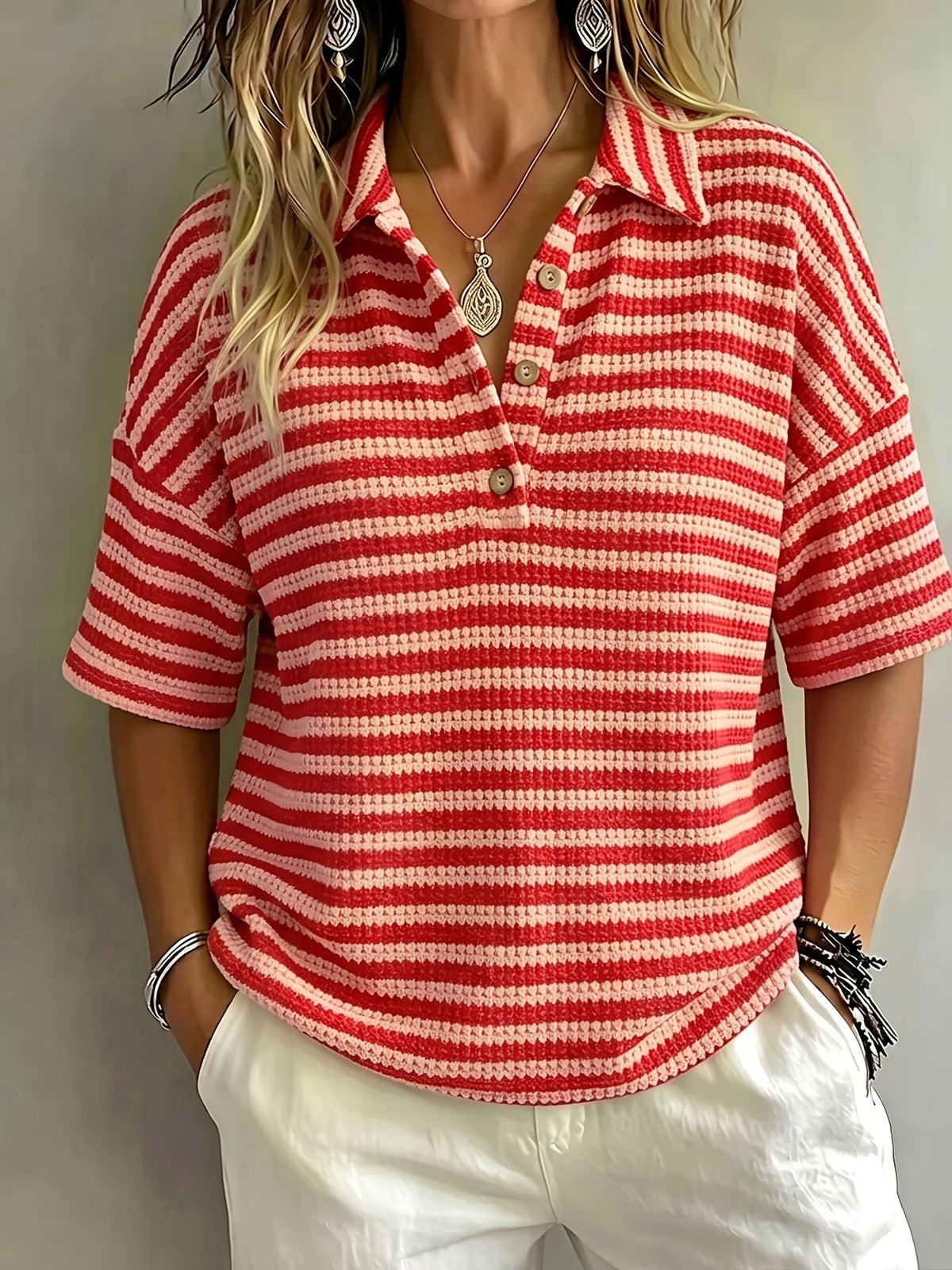 Lynette Women's Striped Waffle-Knit Polo Top in Red