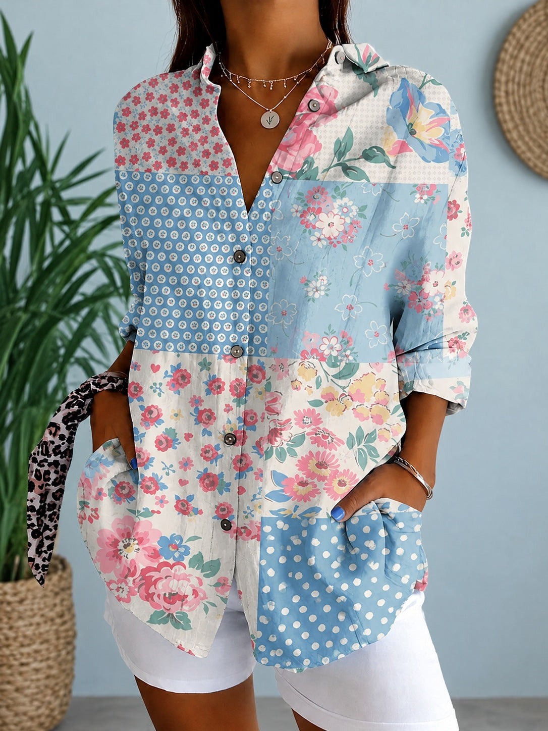 Bryony – Pink & Blue Patchwork Patchwork Floral Longline Button-Down Shirt