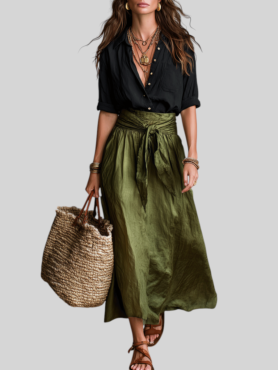 Wattle & Vale Melbourne Calista boho rokset met zwarte blouse en olijfgroene midi-rok met strikceintuur