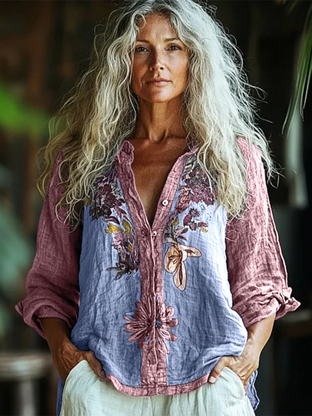 Primula – Blue & Pink Boho Floral Panel Button-Down Shirt
