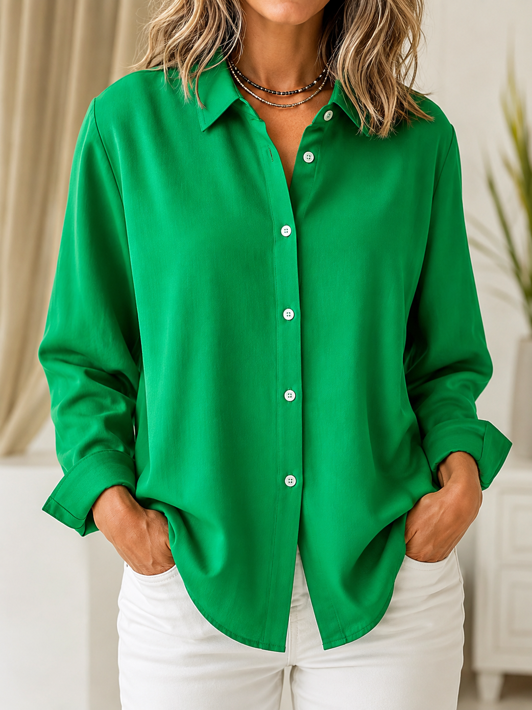 Frances Womens Classic Solid Button-Front Shirt in Green