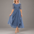 Georgette | Women's Dusty Blue Lace Bodice Draped Midi Dress
