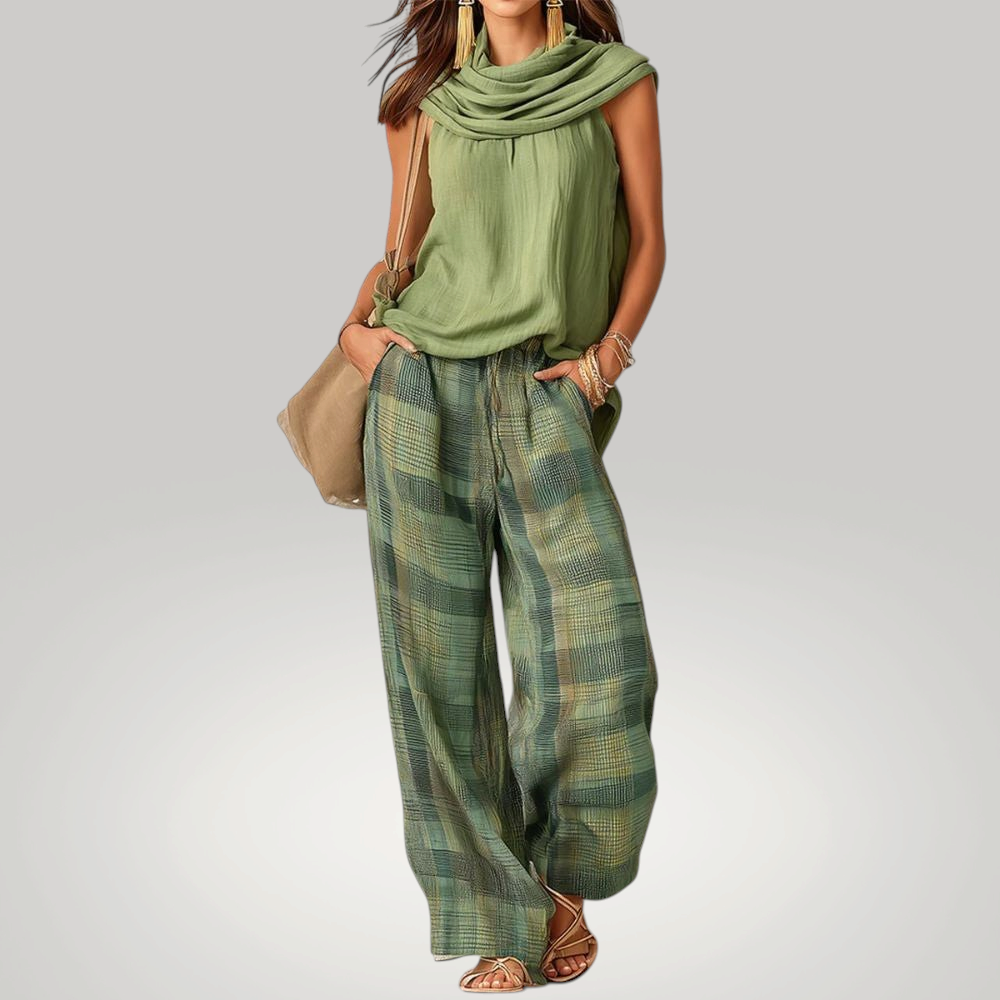 Wattle & Vale Melbourne Auristela set met olijfgroene mouwloze top en wijde geruite broek voor een elegante zomerlook.