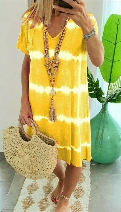 Giulietta – Yellow Women's Tie-Dye Stripe V-Neck T-Shirt Dress
