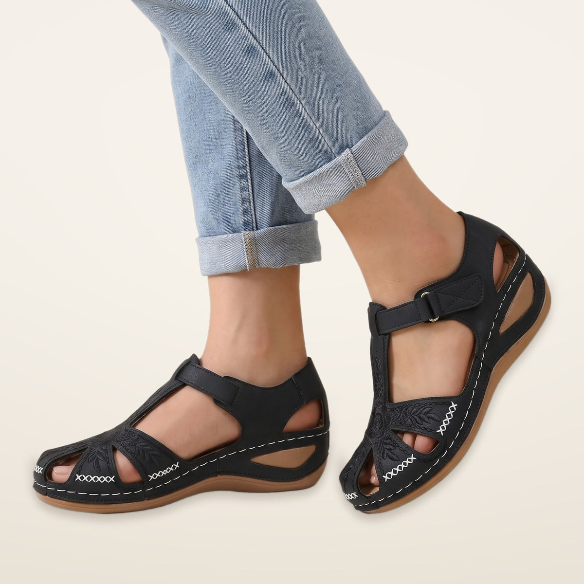 Vonnie – Black Orthopaedic Closed-Toe Embroidered Wedge Sandals