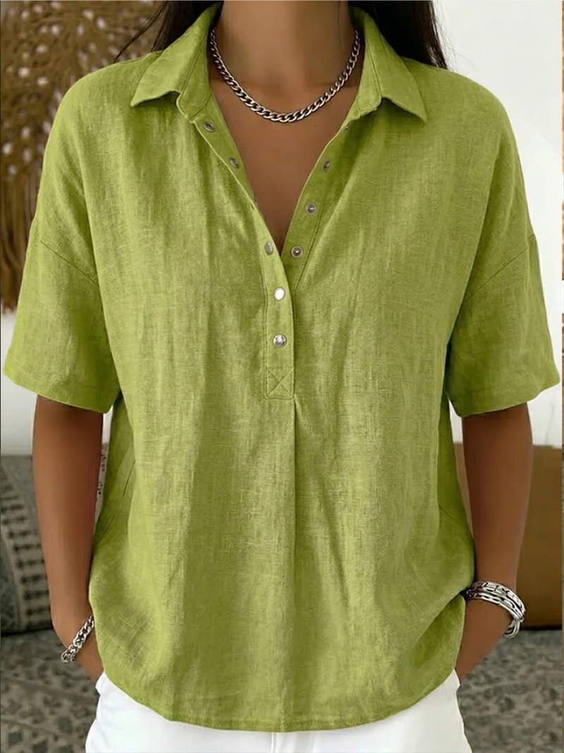 Sigrid – Green Women's Linen Half-Button Collared Blouse