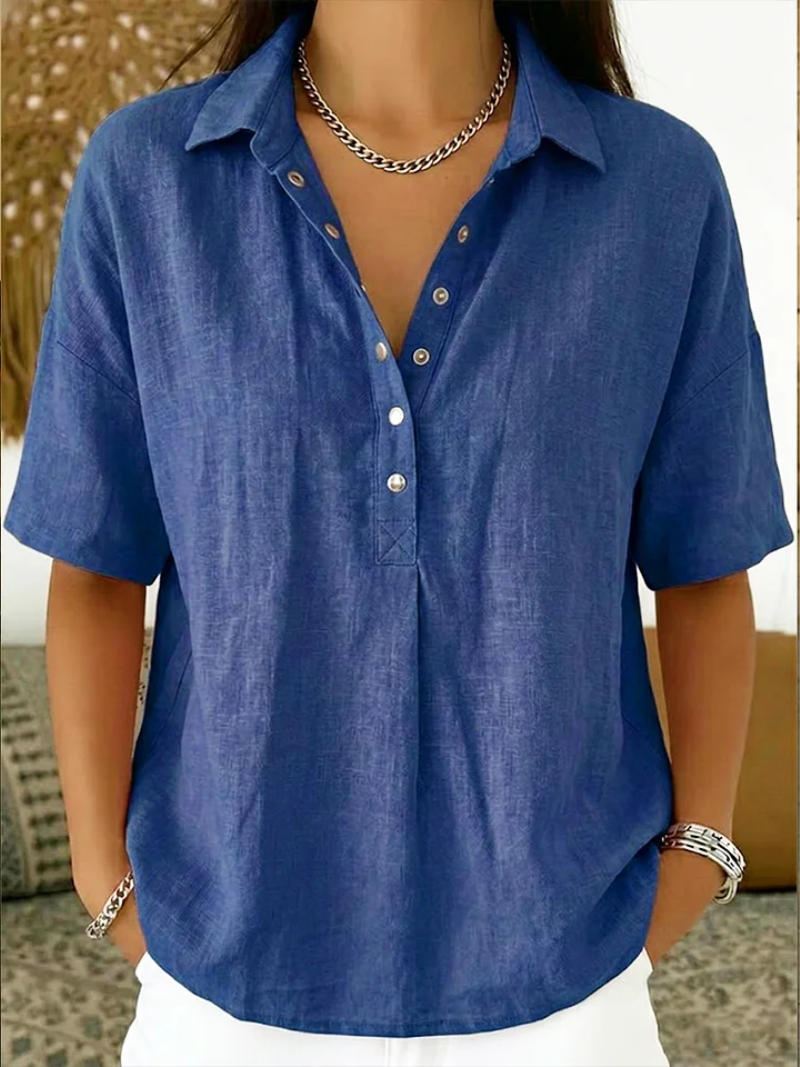 Sigrid – Blue Women's Linen Half-Button Collared Blouse