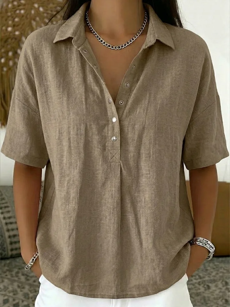 Sigrid – Khaki Women's Linen Half-Button Collared Blouse