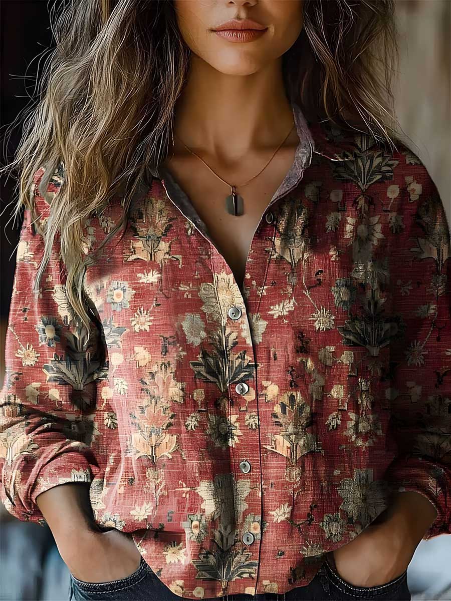 Alethea – Deep Red Floral Artistic Print Lapel Button-Down Shirt