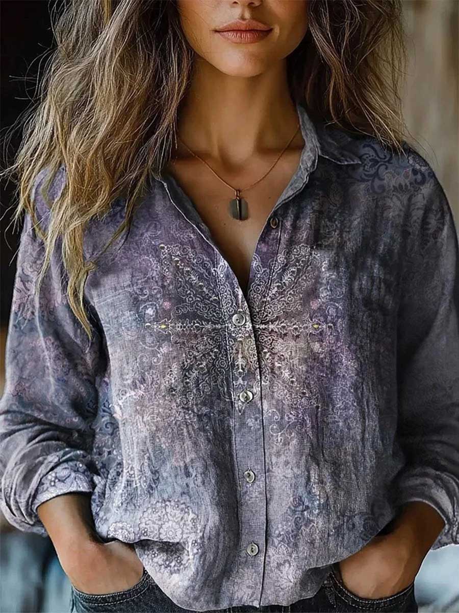Alethea – Sky Blue Artistic Print Lapel Button-Down Shirt
