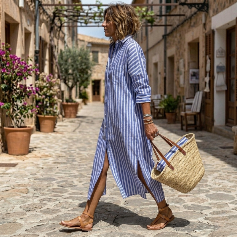 Ilaria – Women's Striped Button-Front Shirt Dress
