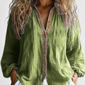Yolande | Women's Linen-Cotton Embroidered-Trim Button Blouse