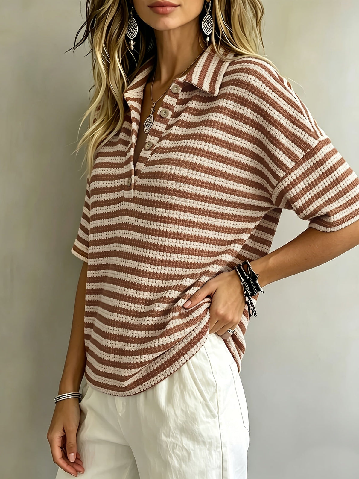 Lynette Women's Striped Waffle-Knit Polo Top