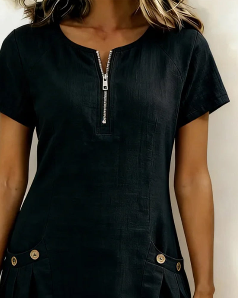 Carmen – Zip-Neck Cotton-Linen A-Line Dress