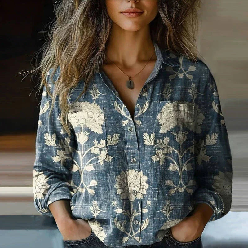 Charmaine – Denim Blue Bohemian Patchwork Print Button-Up Blouse