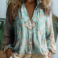 Rosetta | Women's Mint Boho Print Button-Down Blouse
