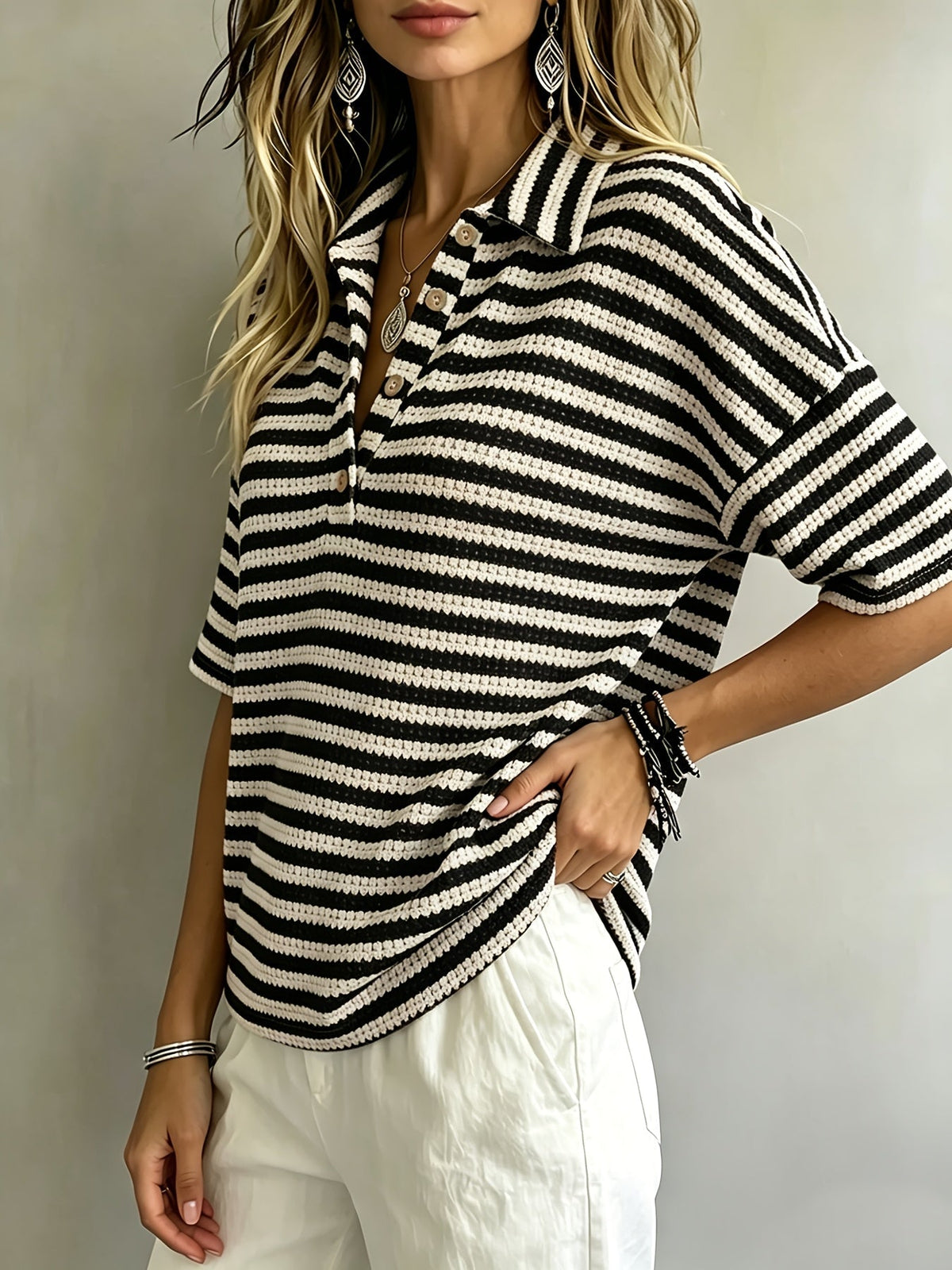 Lynette Women's Striped Waffle-Knit Polo Top