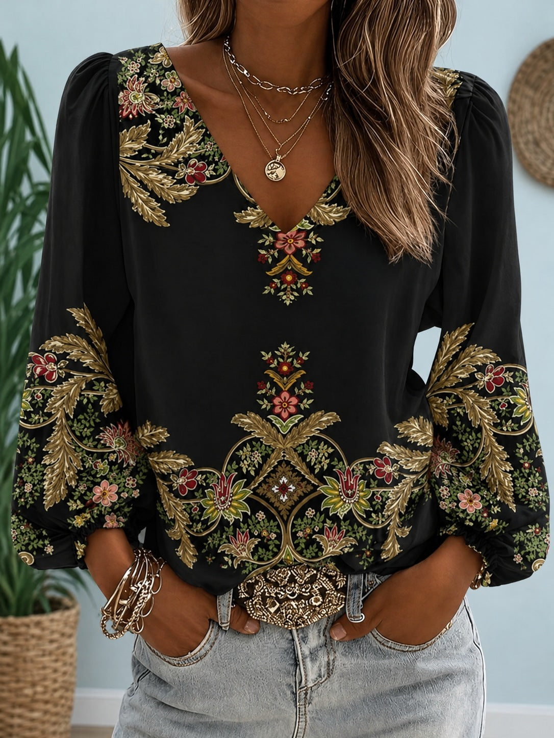Clemency – Black Embroidered-Look Print V-Neck Blouse