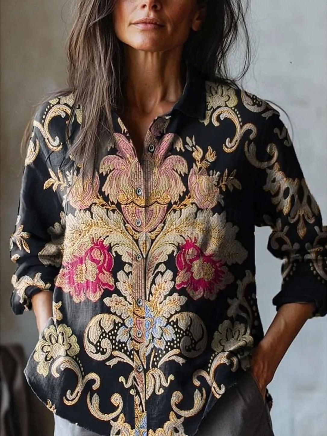 Bonita – Black Baroque Floral Print Button-Down Shirt