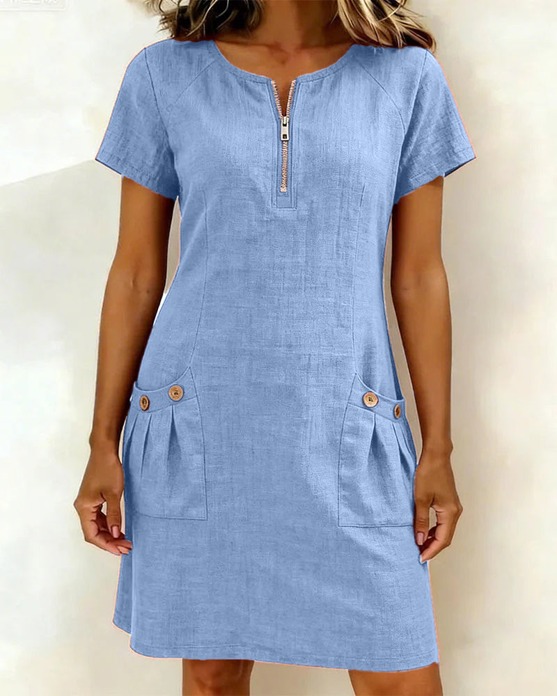 Carmen – Sky Blue Zip-Neck Cotton-Linen A-Line Dress