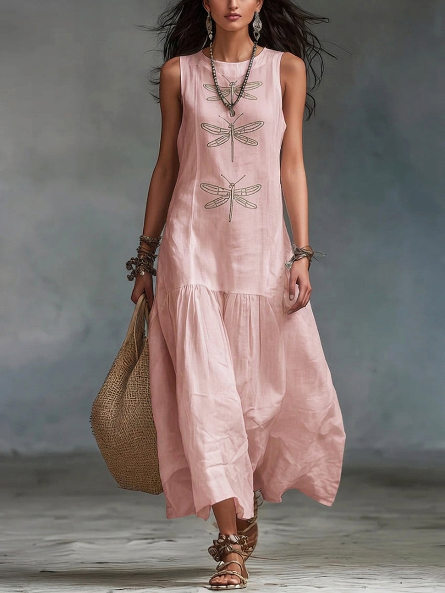Nireliah™ | Dragonfly Print Cotton-Linen Maxi Dress
