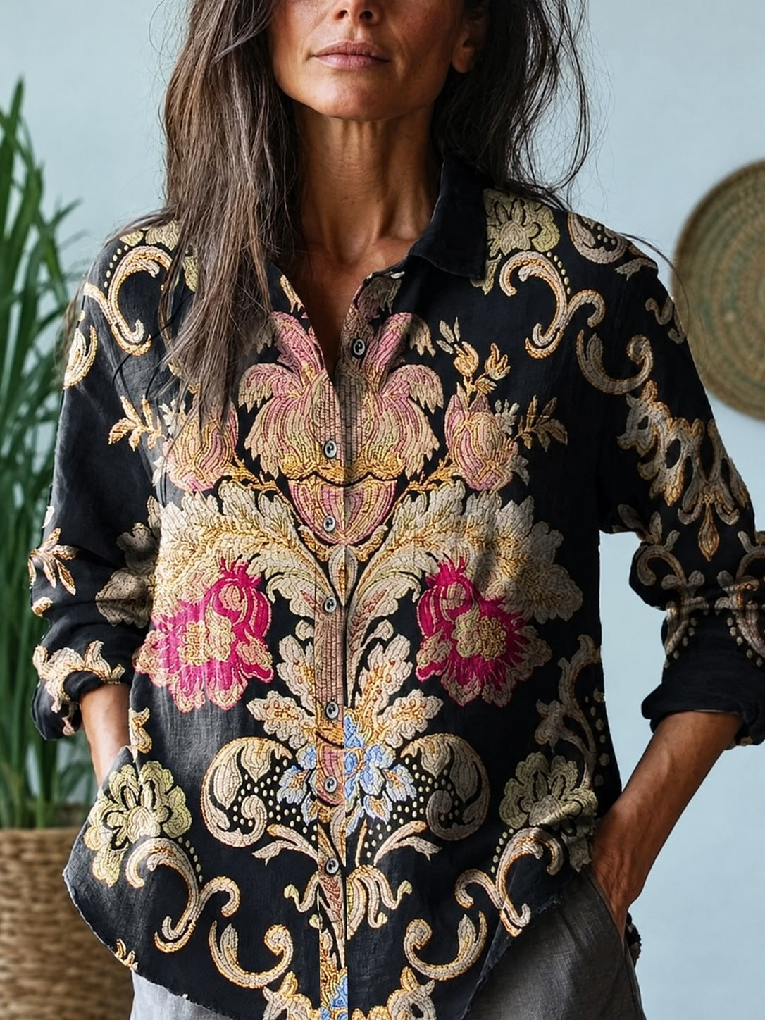 Bonita – Black Baroque Floral Print Button-Down Shirt