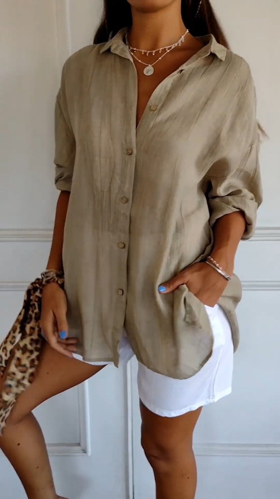 Tessa linen oversized button-down shirt in Khaki