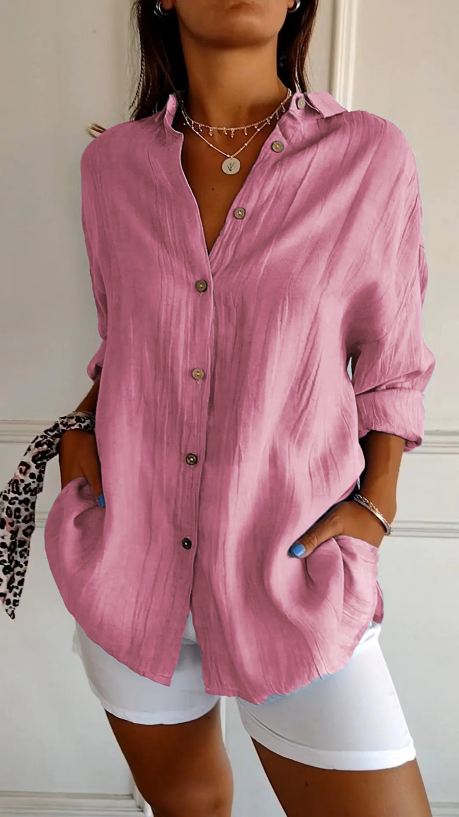 Tessa linen oversized button-down shirt in Pink