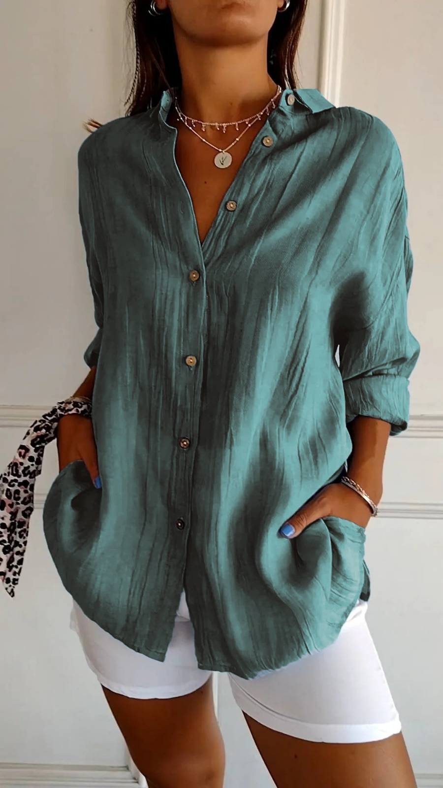 Tessa linen oversized button-down shirt in Teal Green