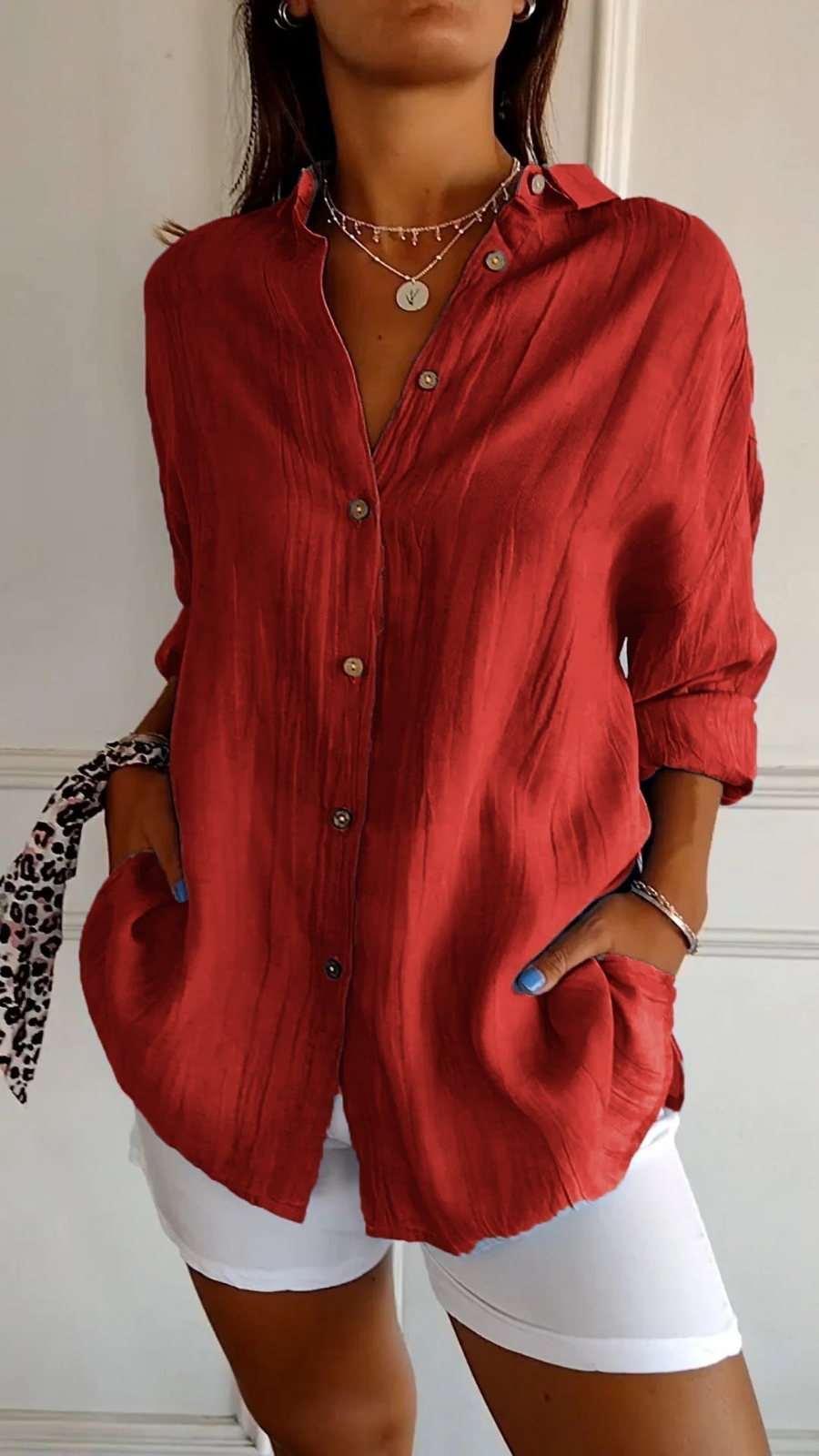 Tessa linen oversized button-down shirt in Red