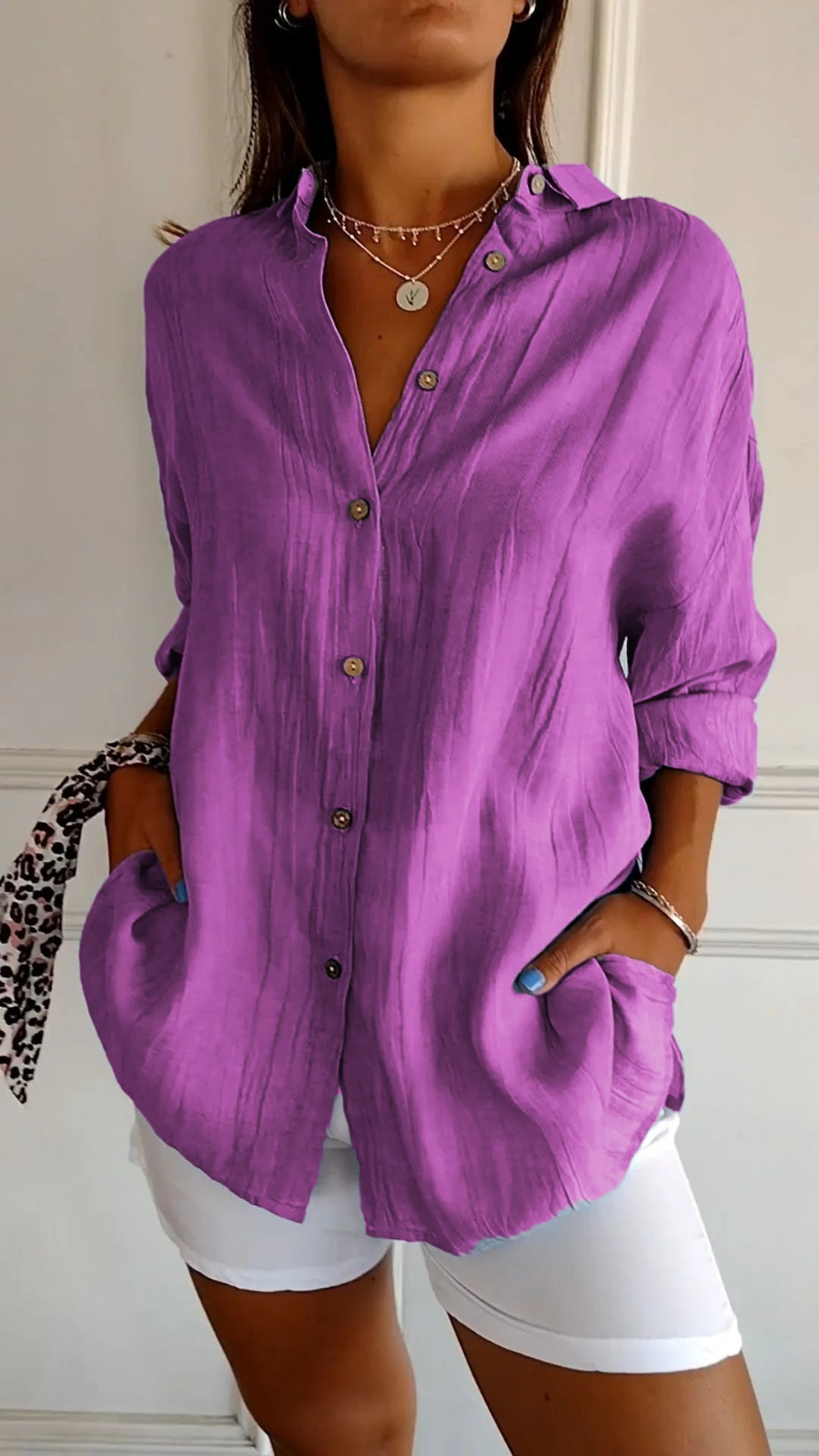 Tessa linen oversized button-down shirt in Purple