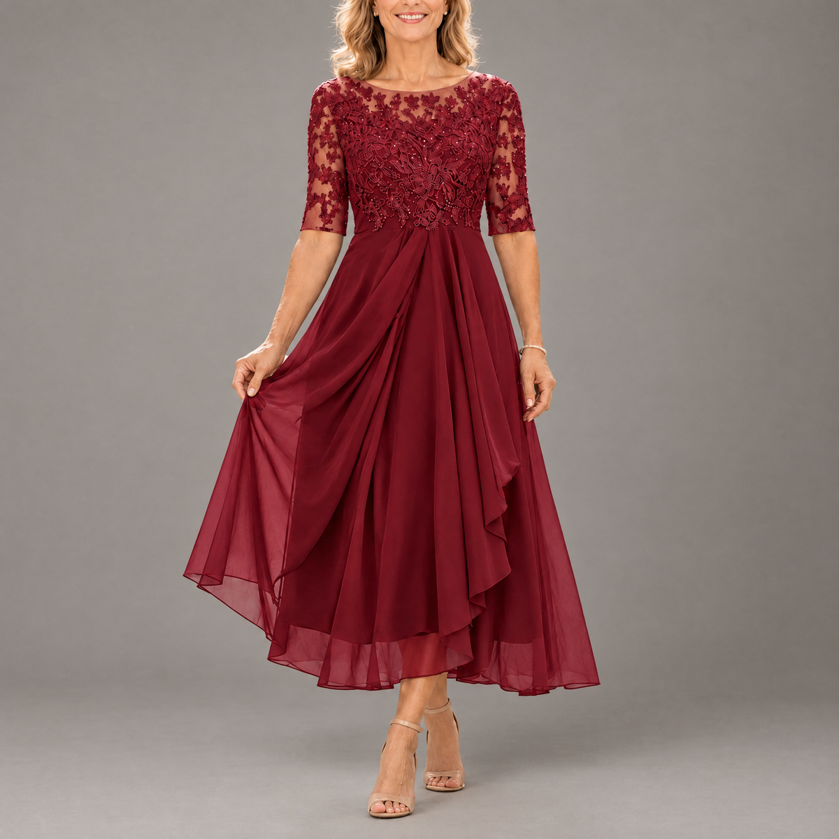 Rosemond – Burgundy Lace Bodice Draped Midi Dress