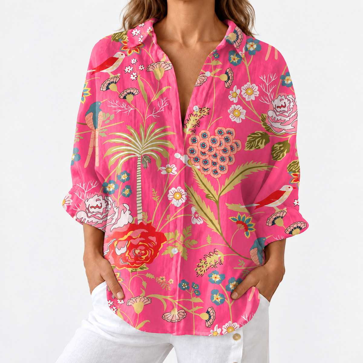Colleen – Hot Pink Tropical Bird and Palm Print Blouse