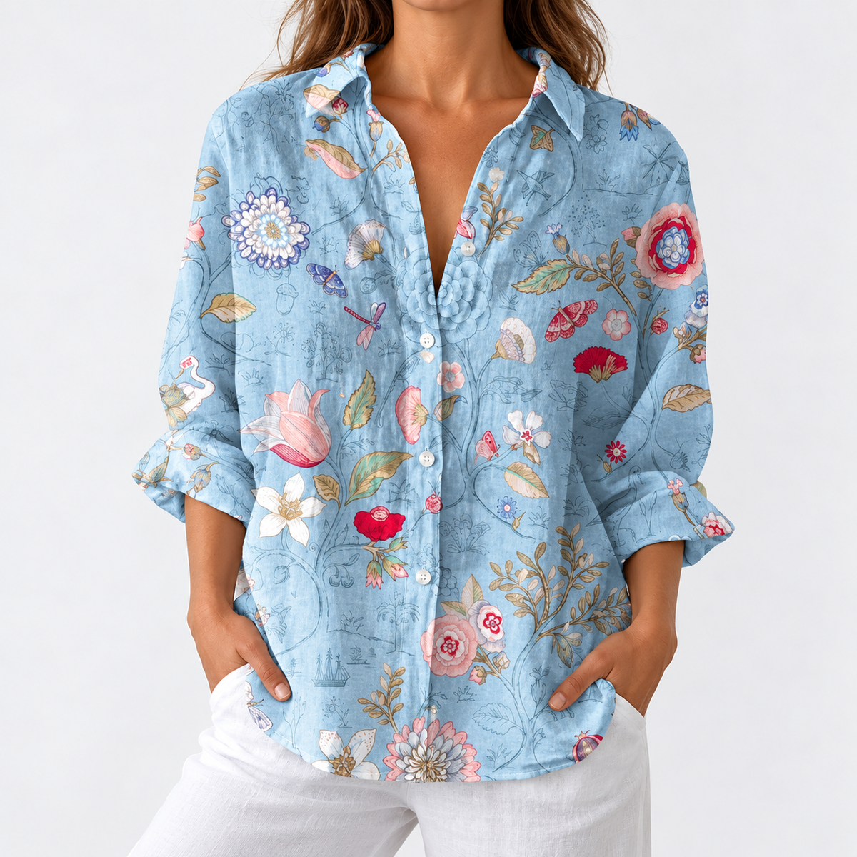 Connie – Powder Blue Vintage Botanical Butterfly Print Blouse