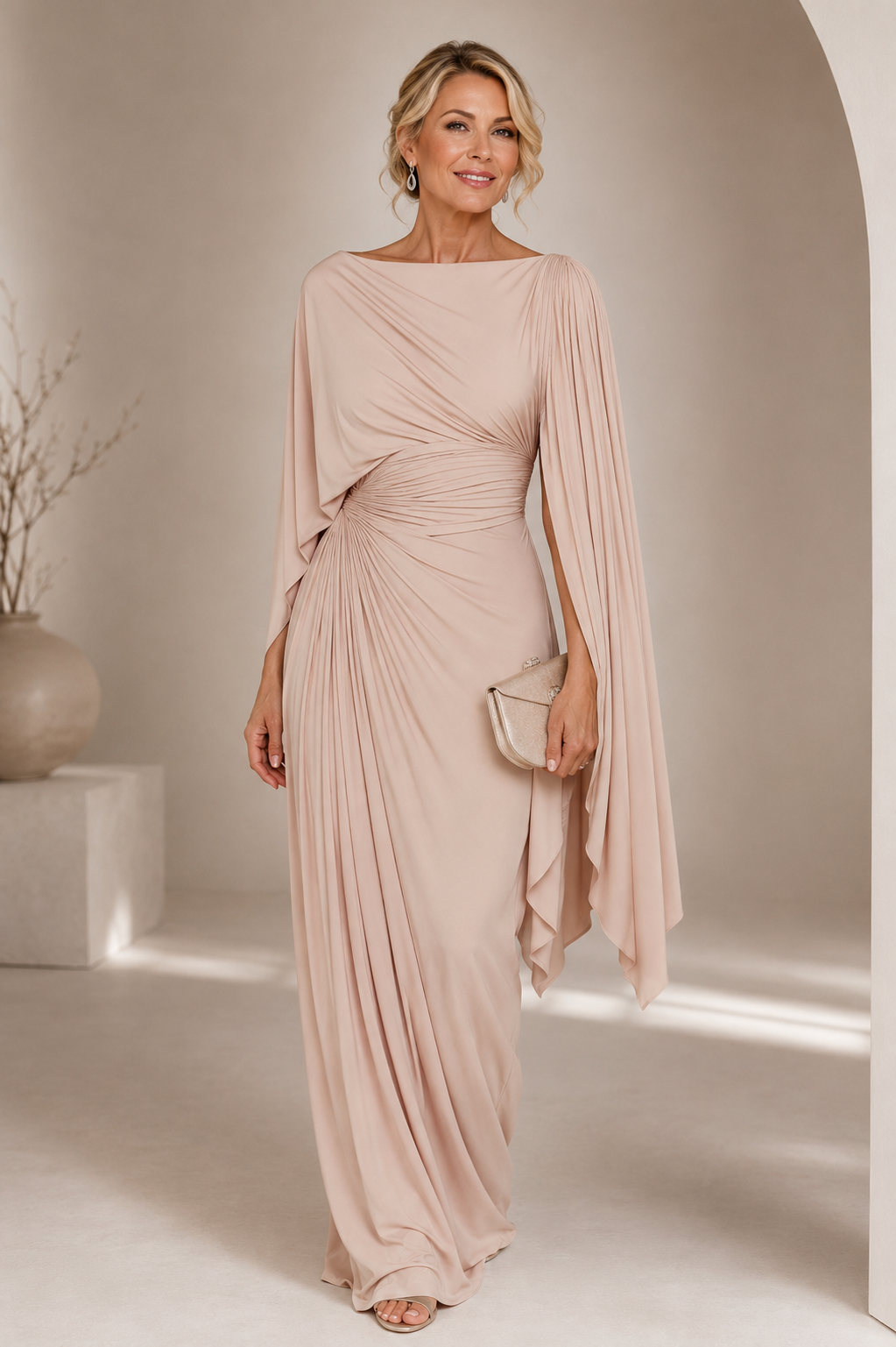 Emmeline Cape-Sleeve Ruched Maxi Dress
