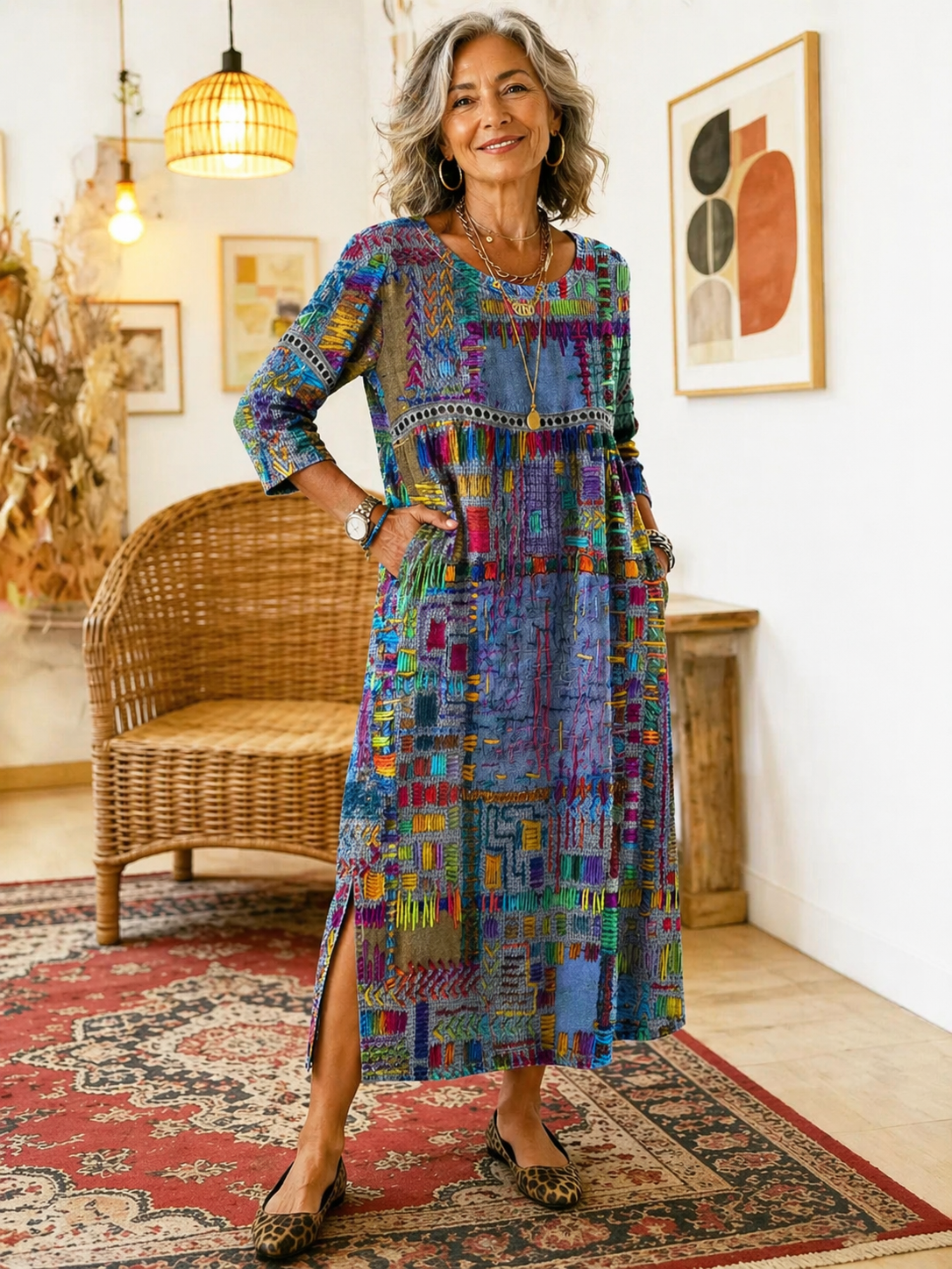 Manuela | Denim dress with ethnic patchwork