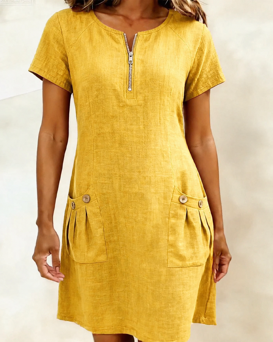 Carmen – Mustard Yellow Zip-Neck Cotton-Linen A-Line Dress