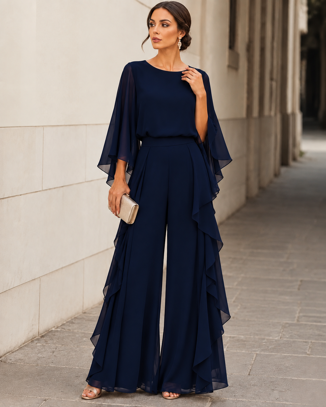 Elvina Chiffon Cape-Sleeve Two-Piece Trouser Set in Navy