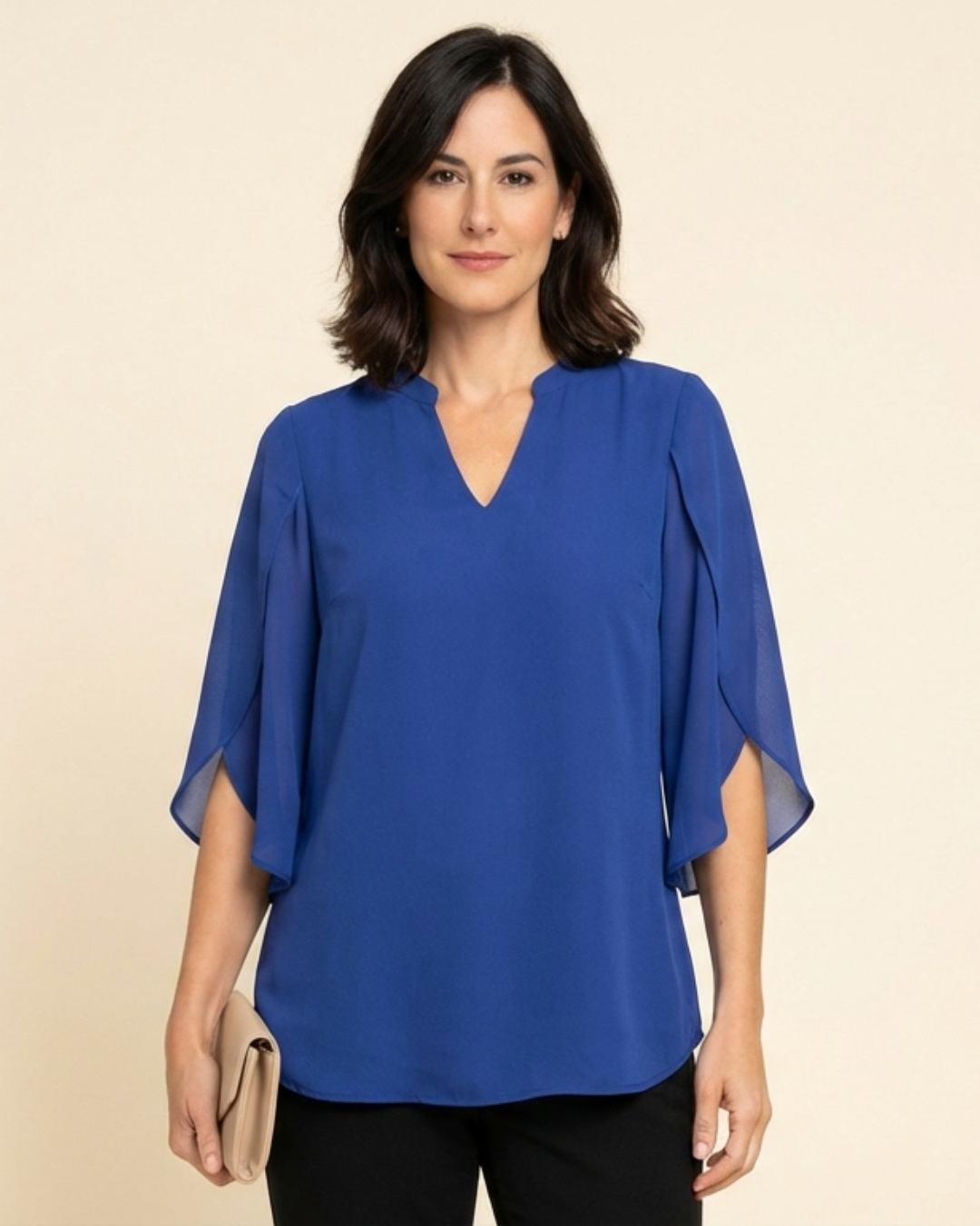 Lynda – Royal Blue Layered Chiffon V-Neck Split-Sleeve Blouse