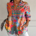 Denise | Women's Coral Folk Floral Patchwork Button-Up Blouse