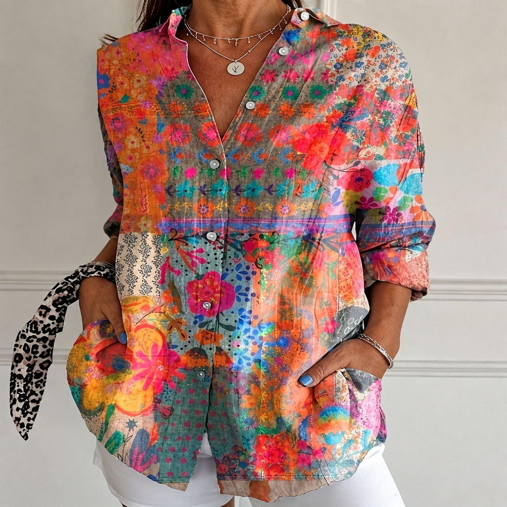 Denise – Coral Multi Coral Folk Floral Patchwork Button-Up Blouse